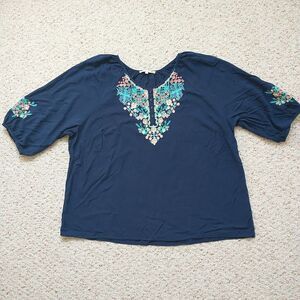 C & C California Top Tunic Womens 3X Blue Floral Embroidered Puff Sleeves Boho
